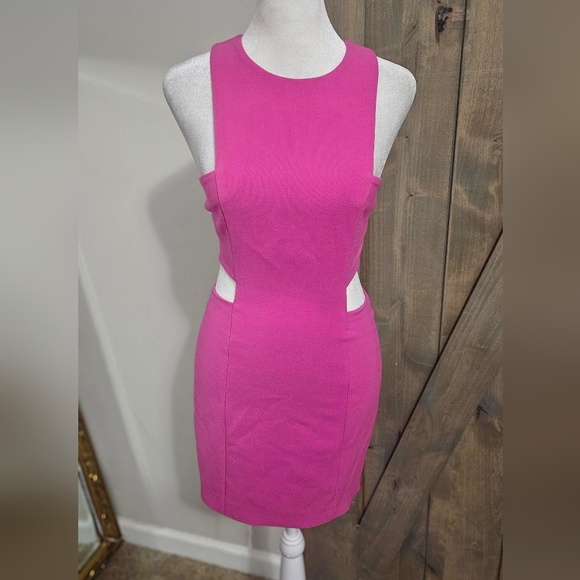 LIKELY Crew Neck Midriff Cutout Sleeveless Tailored Mini Dress. Hot Pink. Size 0 - Picture 7 of 13